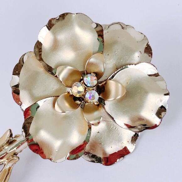 Vintage 50s 60s Gold Tone Flower Brooch Aurora Borealis Rhinestone Large Pin - Picture 3 of 12